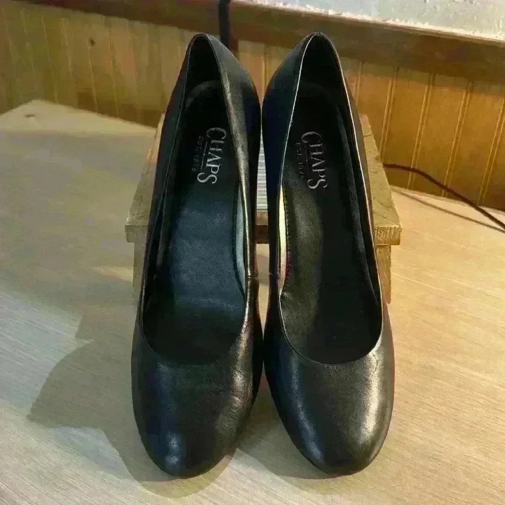 Chaps Black Leather Block Heeled Court Shoes